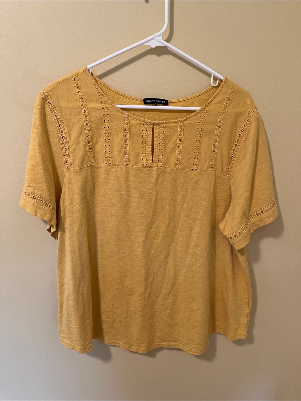 Hilary Radley Golden Yellow Eyelet Yoke Short sleeve keyhole Top. Cotton modal